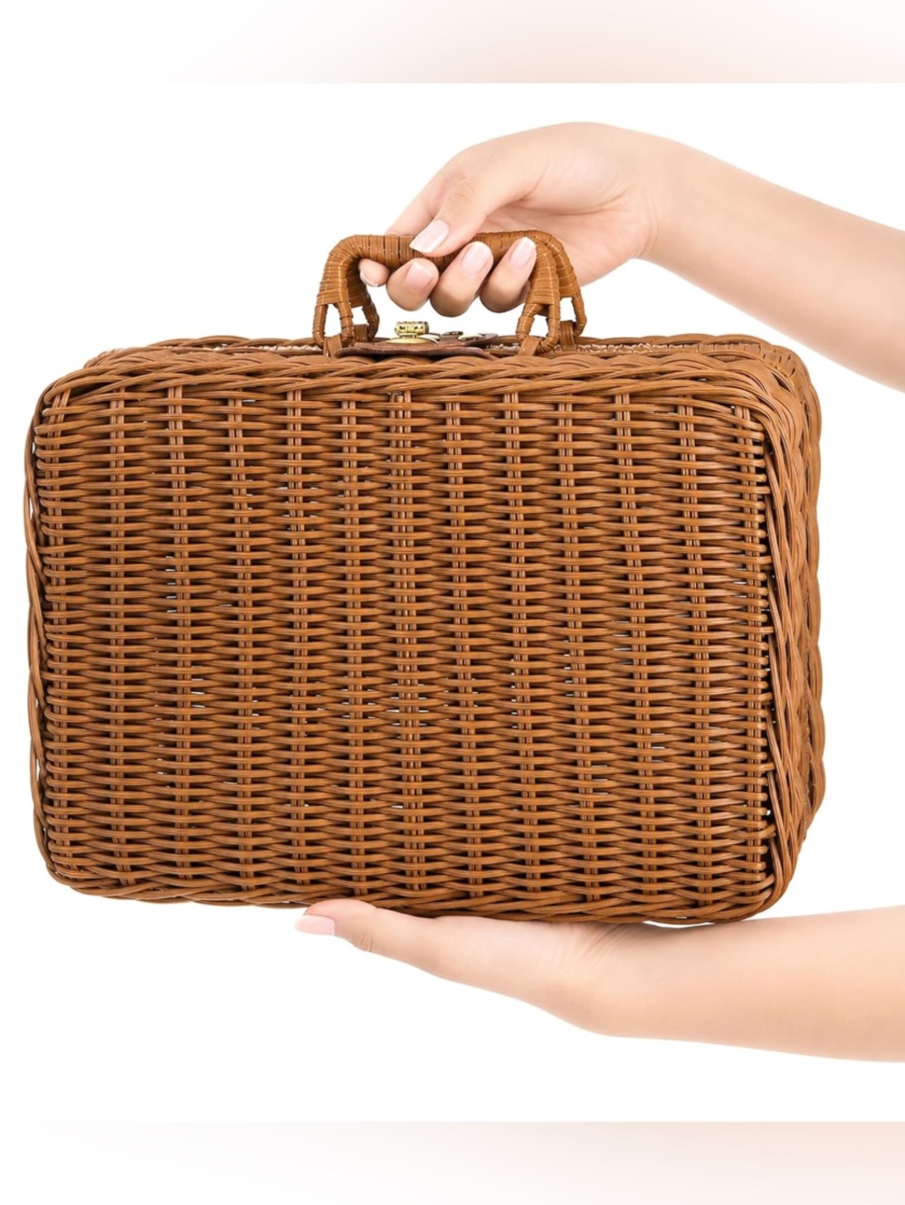Vintage Synthetic Rattan Style Woven Suitcase and Gold-Tone Clasp Hardware